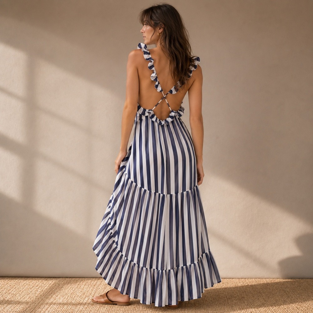 Anthropologie Striped Open Back Tiered Ruffle Maxi Dress Sz M NWT - Picture 3 of 16